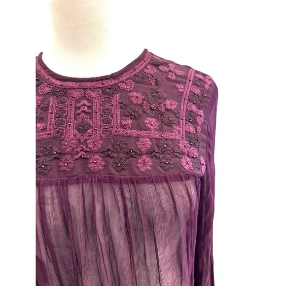 Free People Women's Sheer Femme Embroidered Retro Blouse Purple S Sexy Boho - Picture 6 of 8